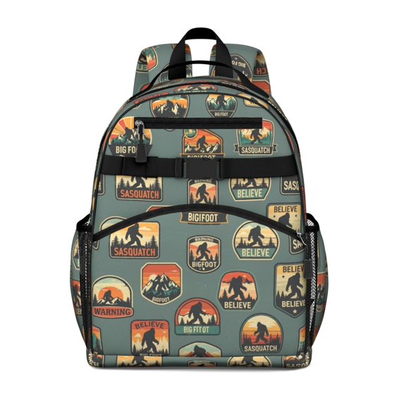 Bigfoot and Badge Blue Pattern Cute School Backpack Bag for School with Padded Back and Adjustable Shoulder Straps 15.25"x11.5"x5.25"