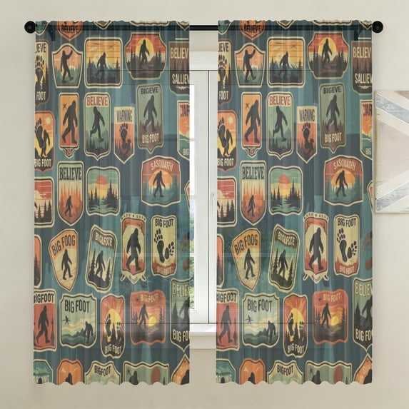 Turing Pattern Blue Bigfoot and Badge Blue Pattern Sheer Curtains, Sheer Window Panels with ...