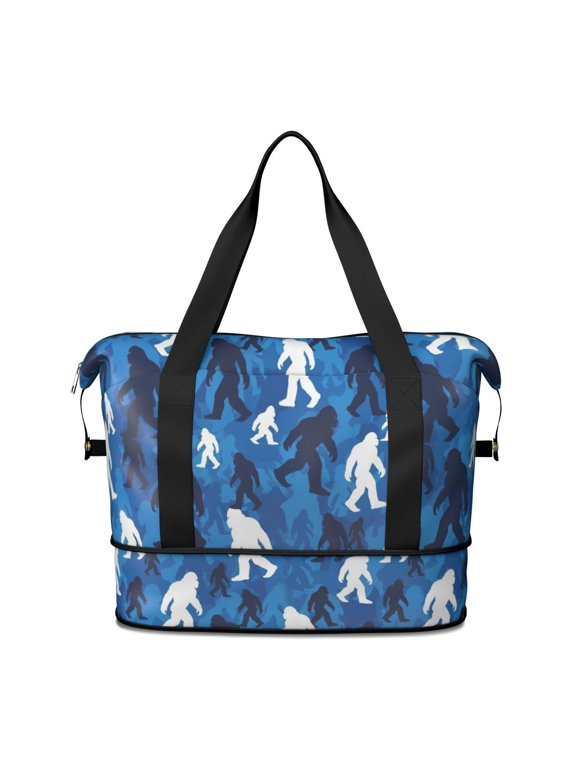 Bigfoot and Camouflage Blue Pattern Expandable Travel Tote Bag, Work Shopping Tote with Dry Wet Pockets, Waterproof Dacron Gift Ideas for All People