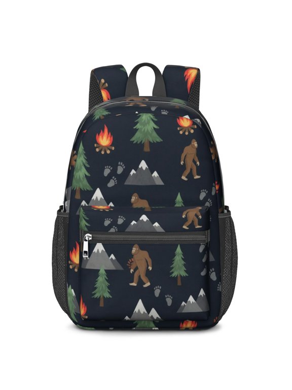 Bigfoot and Campfire Black Pattern 17" School Backpacks for Teens,Waterproof Oxford Fabric,S-Shape Padded Straps for School,Travel,Hiking,Camping