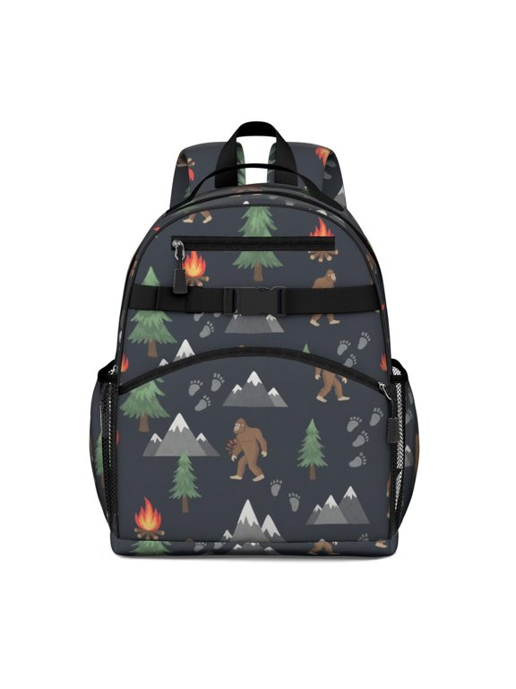 Bigfoot and Campfire Black Pattern Backpack for School, Cute School Bag with Adjustable Shoulder Straps and Padded Back, 15.25"x11.5"x5.25"