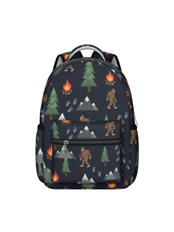 Bigfoot and Campfire Black Pattern Backpack for School, Cute School Bag with Adjustable Shoulder Straps and Padded Back, 15.3"x11"x7.1"