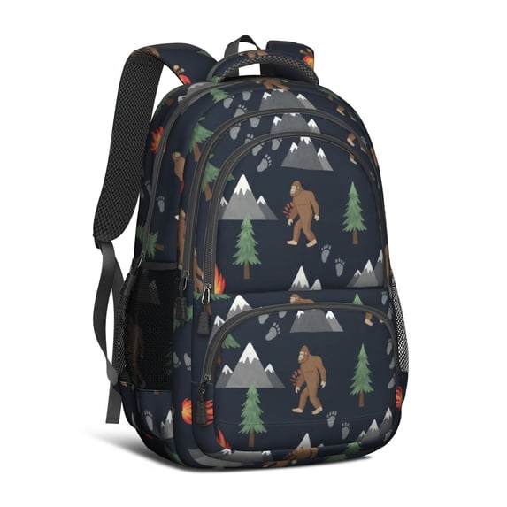 Bigfoot and Campfire Black Pattern Backpack for School, Cute School Bag with Adjustable Shoulder Straps and Padded Back, 16.9"x12.6"x5.9"