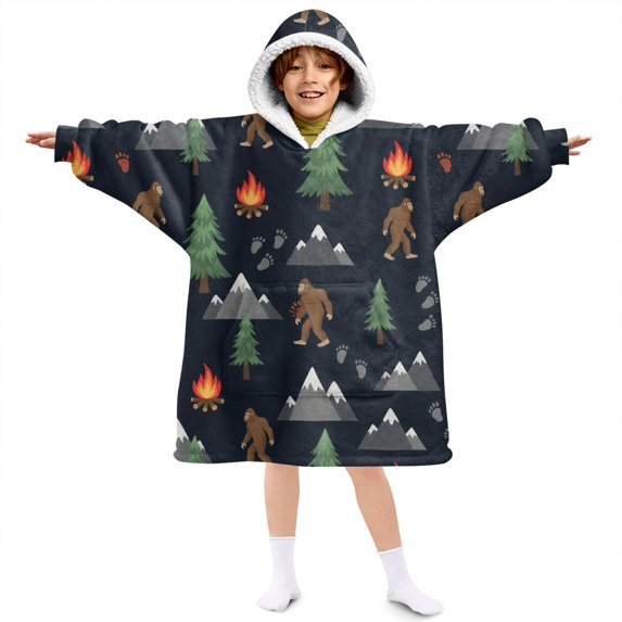 Bigfoot and Campfire Black Pattern Lamb Fleece Blanket Hoodies for Teens ,Teens Oversize Sherpa Wearable Hooded Blanket Sweatshirt with Super Pockets