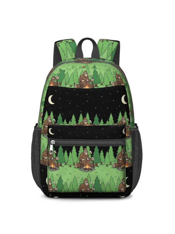 Bigfoot and Campfire Green Pattern 17" School Backpacks for Teens,Waterproof Oxford Fabric,S-Shape Padded Straps for School,Travel,Hiking,Camping