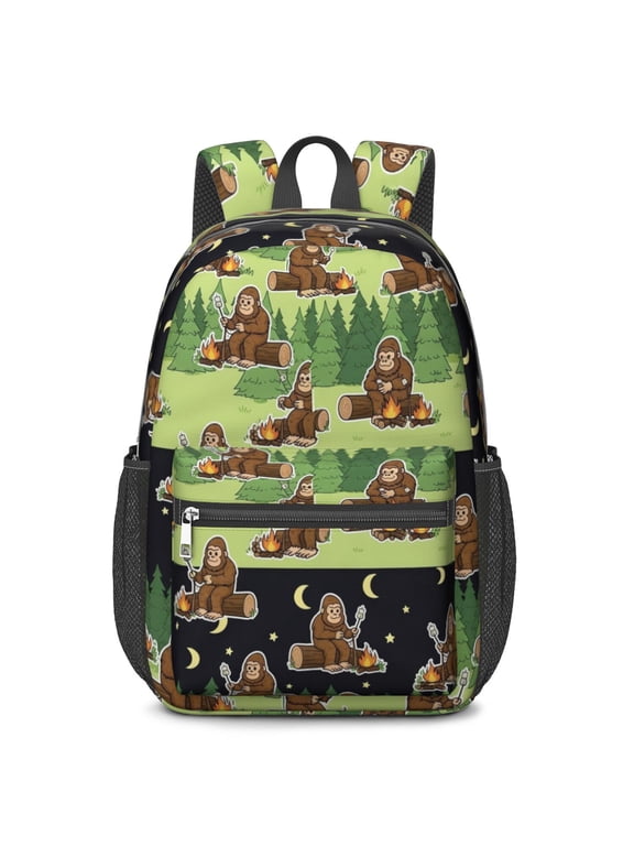 Bigfoot and Campfire Green Pattern 17" Waterproof Oxford School Backpacks for Teens, S-Shape Padded Straps, for School, Travel, Hiking, Camping