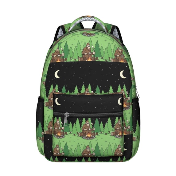 Bigfoot and Campfire Green Pattern Backpack for School, Cute School Bag with Adjustable Shoulder Straps and Padded Back, 15.3"x11"x7.1"