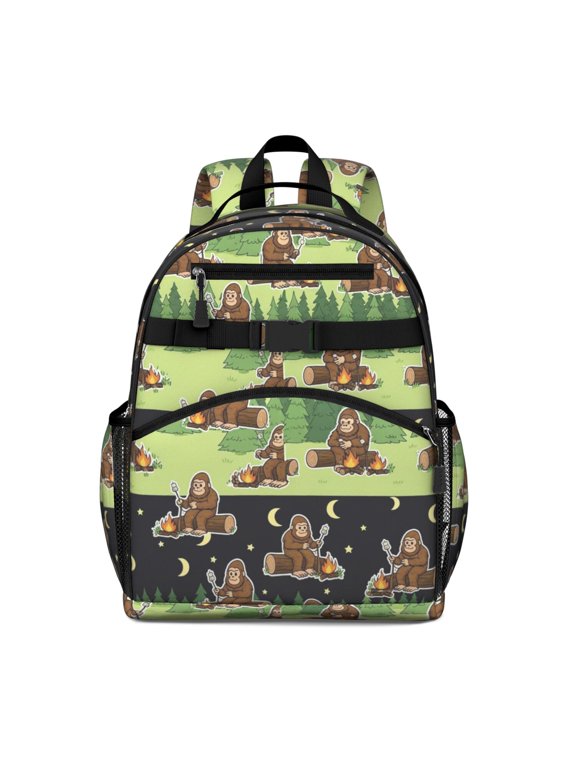 Bigfoot and Campfire Green Pattern Cute School Backpack Bag for School with Padded Back and Adjustable Shoulder Straps 15.25"x11.5"x5.25"