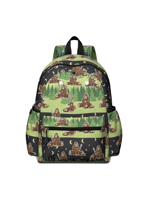 Bigfoot and Campfire Green Pattern Cute School Backpack with Padded Back and Adjustable Shoulder Straps 13.4"x11"x4.7"