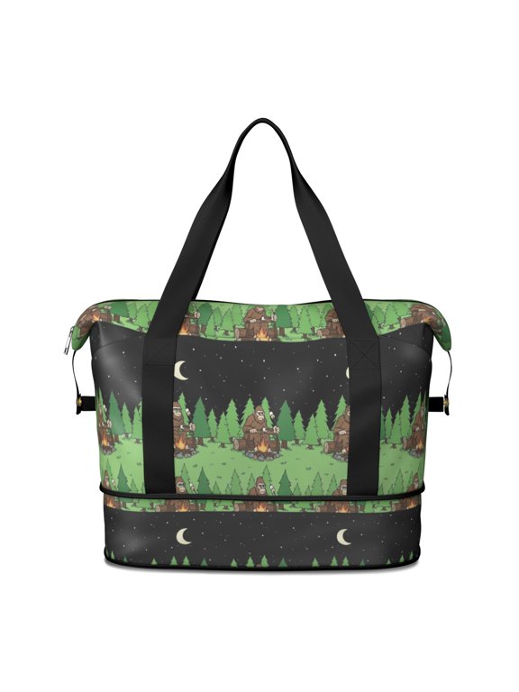 Bigfoot and Campfire Green Pattern Expandable Travel Tote Bag, Work Shopping Tote with Dry Wet Pockets, Waterproof Dacron Gift Ideas for All People