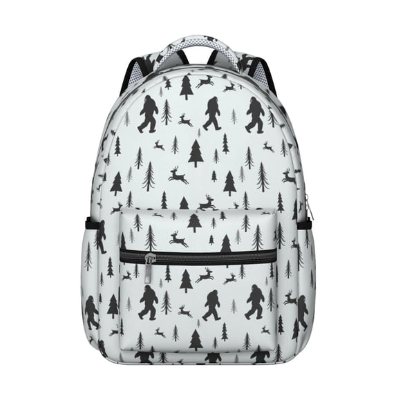 Bigfoot and Deer White Pattern Backpack for School, Cute School Bag with Adjustable Shoulder Straps and Padded Back, 15.3"x11"x7.1"