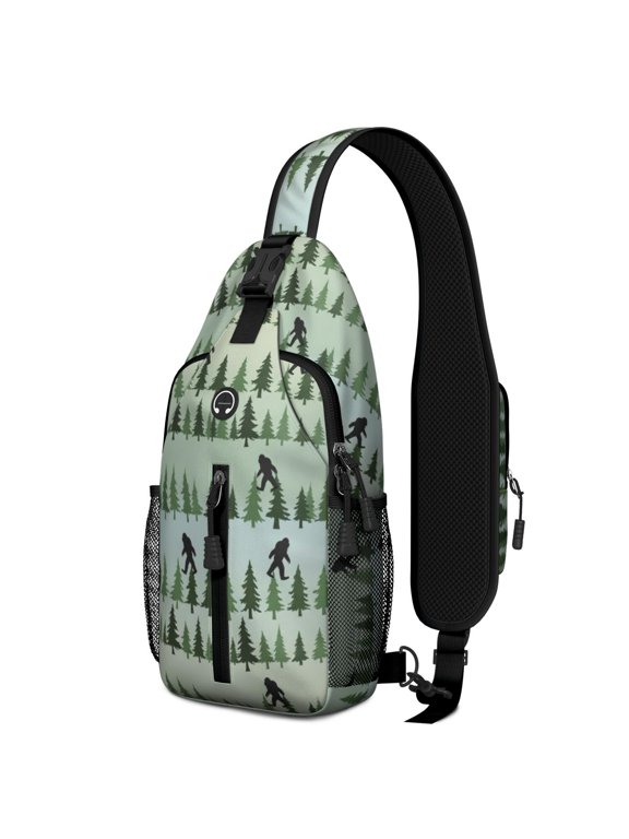 Bigfoot and Forest Green Pattern Sling Backpack, Cycling Sling Bag with Earphone Port, Breathable Padded Back Gift Ideas for Hiking Cycling Walking