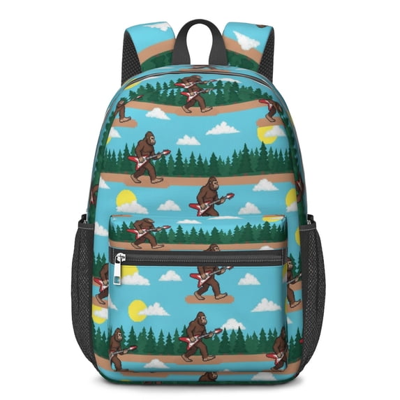 Bigfoot and Guitar Blue Pattern 17" School Backpacks for Teens,Waterproof Oxford Fabric,S-Shape Padded Straps for School,Travel,Hiking,Camping