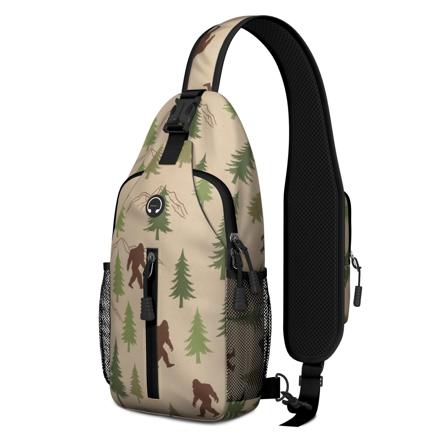 Mountainous Pattern Bigfoot and Mountain Beige Pattern Sling Backpack, Casual Day Sling ...