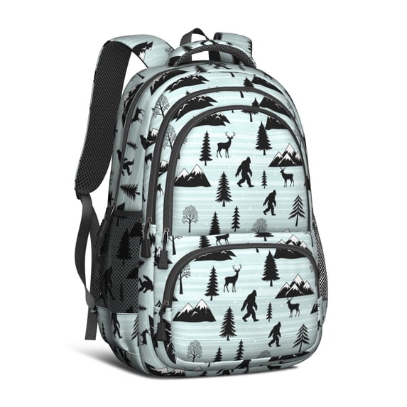 Bigfoot and Mountain Blue Pattern Backpack for School, Cute School Bag with Adjustable Shoulder Straps and Padded Back, 16.9"x12.6"x5.9"