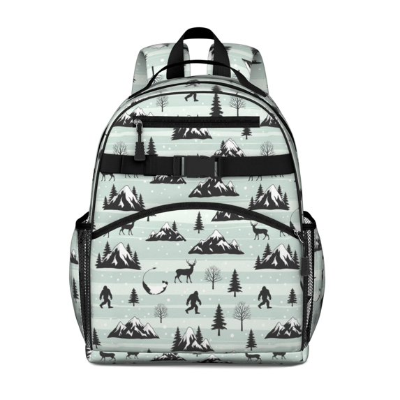 Bigfoot and Mountain Blue Pattern Cute School Backpack Bag for School with Padded Back and Adjustable Shoulder Straps 15.25"x11.5"x5.25"