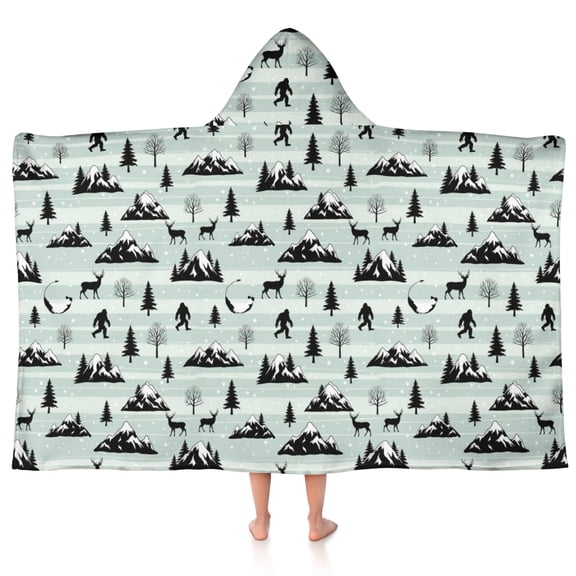 Bigfoot and Mountain Blue Pattern Hooded Bath Towel Wrap for Teens Ages 3 To 12, Soft Lightweight Quick Dry Microfiber Bath Beach Pool, 50"x30"
