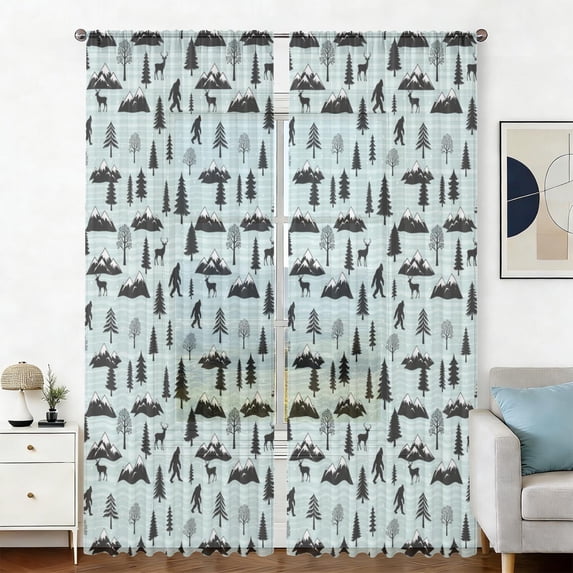 Pattern Blure Bigfoot and Mountain Blue Pattern Sheer Curtains, Rod Pocket Sheer ...