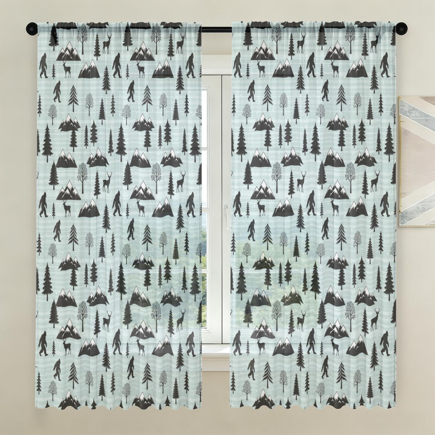 Pattern Colthings Bigfoot and Mountain Blue Pattern Sheer Curtains, Sheer Window Panels ...