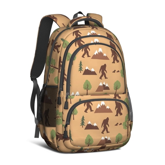 Bigfoot and Mountain Brown Pattern Backpack for School, Cute School Bag with Adjustable Shoulder Straps and Padded Back, 16.9"x12.6"x5.9"