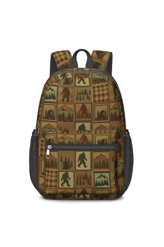 Bigfoot and Plaid Brown Pattern 17" School Backpacks for Teens,Waterproof Oxford Fabric,S-Shape Padded Straps for School,Travel,Hiking,Camping