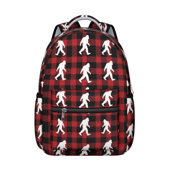 Bigfoot and Plaid Red Pattern Backpack for School, Cute School Bag with Adjustable Shoulder Straps and Padded Back, 15.3"x11"x7.1"