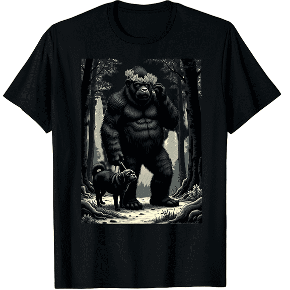 Bigfoot and Pug Sasquatch Dog Lover Funny Cryptid Animal Graphic Black T-Shirt for Men and Women