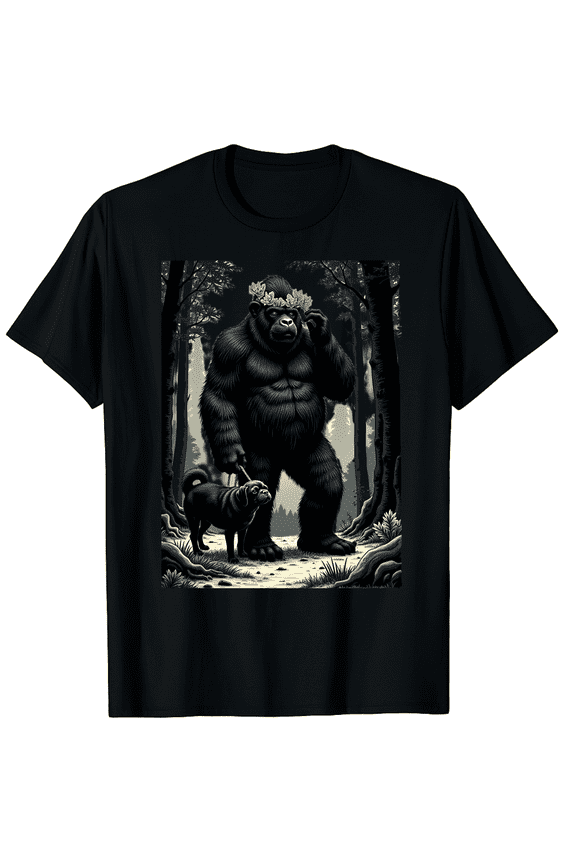 Bigfoot and Pug Sasquatch Dog Lover Funny Cryptid Animal Graphic Black T-Shirt for Men and Women