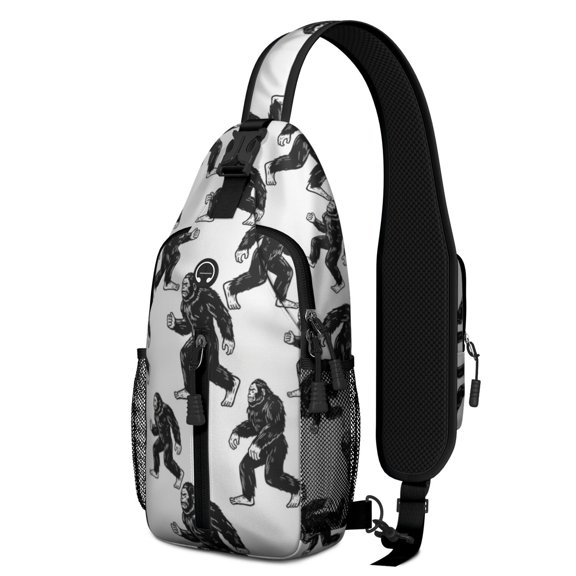 Bigfoot and Silhouette White Pattern Sling Backpack, Travel Shoulder Pack with Earphone Port, Adjustable Strap Gift Ideas for Travel Shopping