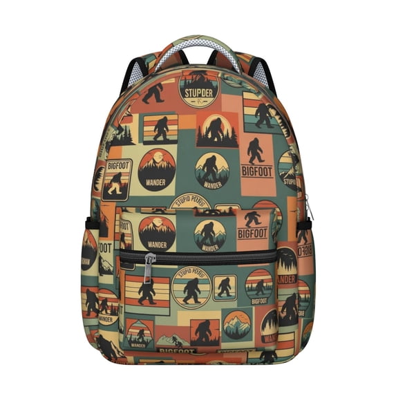 Bigfoot and Sticker Green Pattern Backpack for School, Cute School Bag with Adjustable Shoulder Straps and Padded Back, 15.3"x11"x7.1"