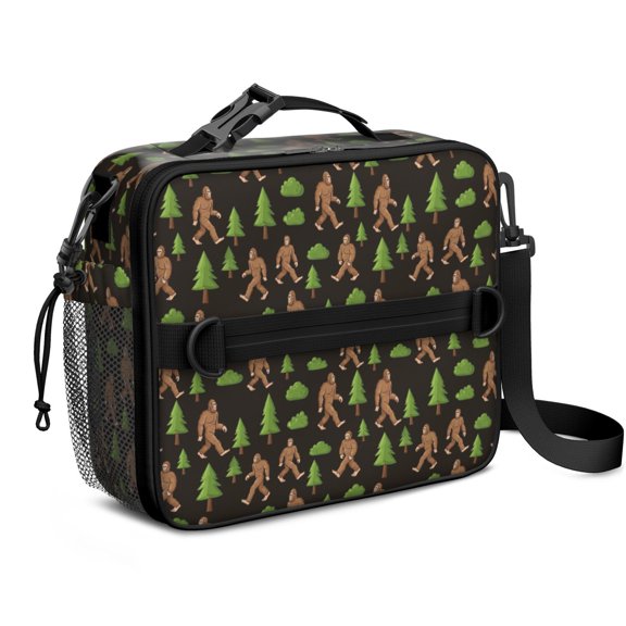 Bigfoot and Tree Black Pattern Bento School Insulated Lunch Bag Box with Shoulder Strap and Bottle Holder, 11" X 9.5" X 3.5"