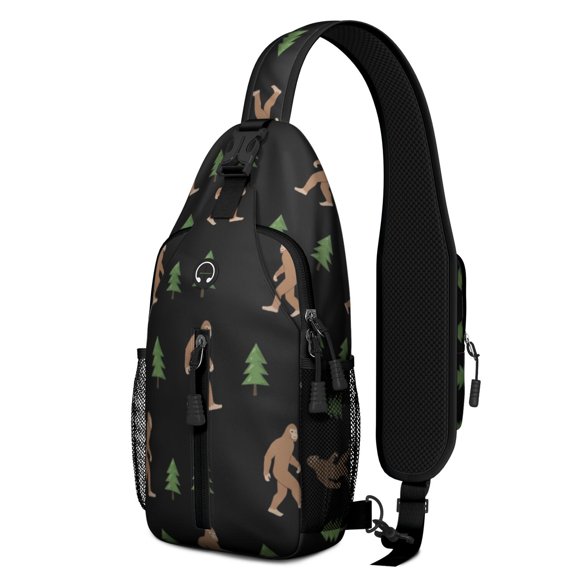 Bigfoot and Tree Black Pattern Sling Backpack, Travel Shoulder Pack with Earphone Port, Multi Pocket Design Gift Ideas for Travel Shopping
