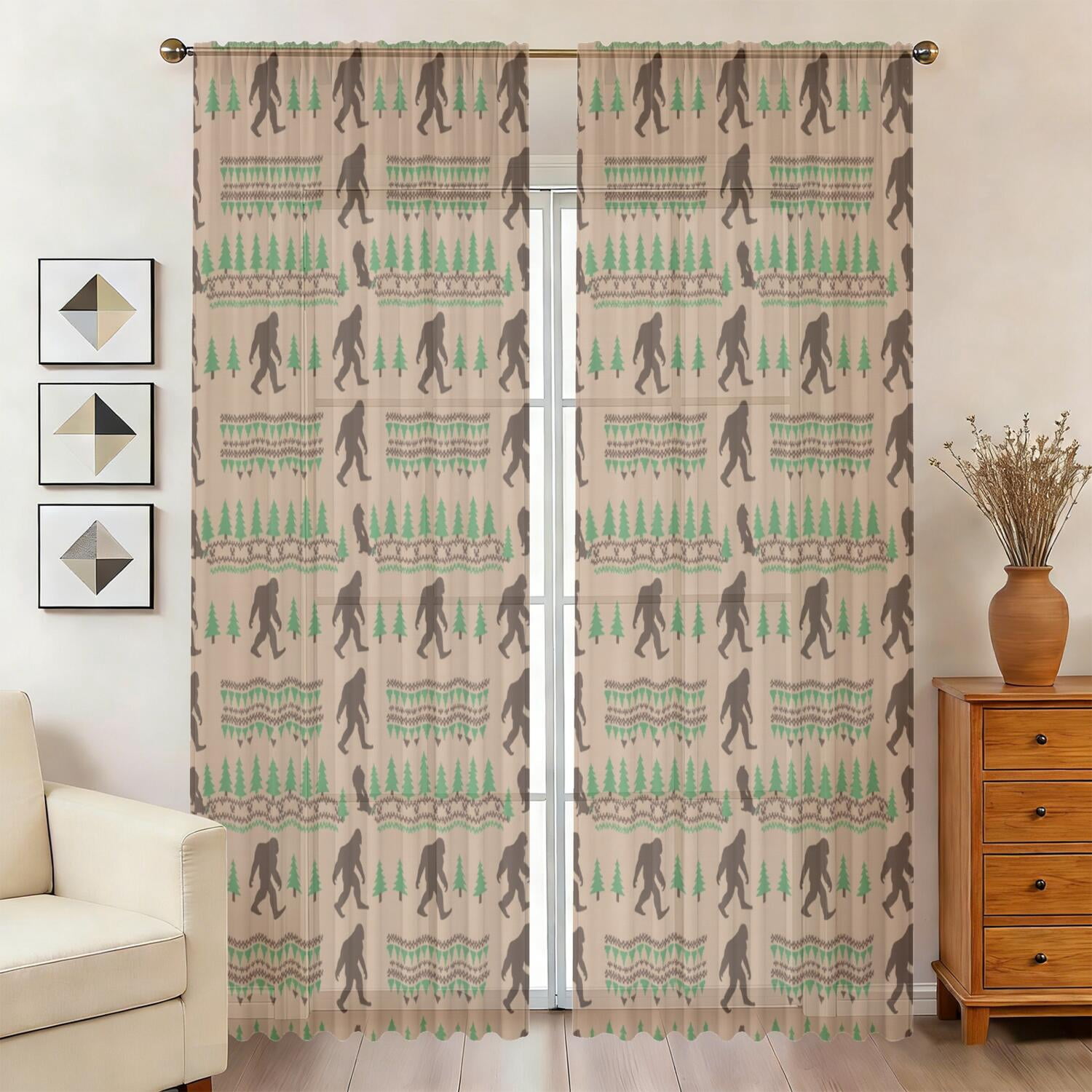 Bigfoot and Tree Brown Pattern Sheer Curtains, Sheer Curtain Panels ...