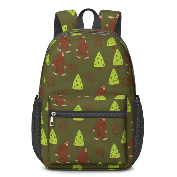 Bigfoot and Tree Green Pattern 17" School Backpacks for Teens,Waterproof Oxford Fabric,S-Shape Padded Straps for School,Travel,Hiking,Camping