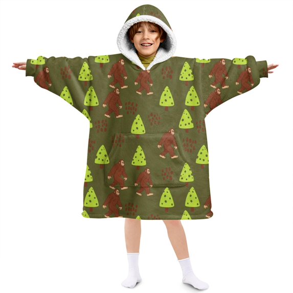 Bigfoot and Tree Green Pattern Lamb Fleece Blanket Hoodies for Teens ,Teens Oversize Sherpa Wearable Hooded Blanket Sweatshirt with Super Pockets