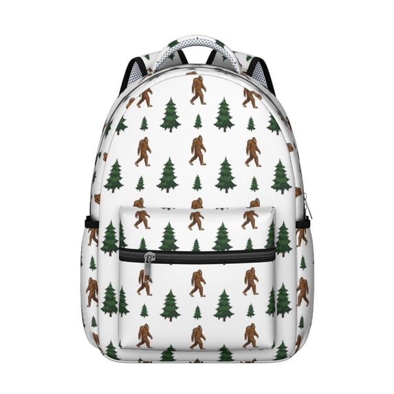 Bigfoot and Tree White Pattern Backpack for School, Cute School Bag with Adjustable Shoulder Straps and Padded Back, 15.3"x11"x7.1"