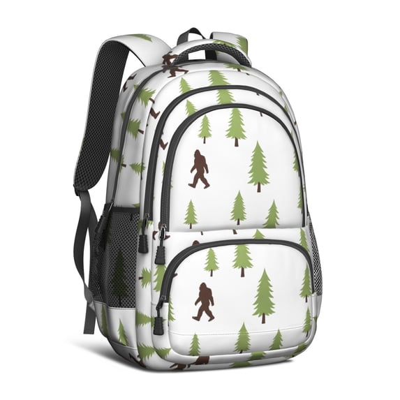 Bigfoot and Tree White Pattern Cute School Backpack Bag with Padded Back and Adjustable Shoulder Straps 16.9 X 12.6 X 5.9 Inches