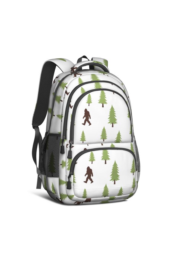 Bigfoot and Tree White Pattern Cute School Backpack Bag with Padded Back and Adjustable Shoulder Straps 16.9 X 12.6 X 5.9 Inches