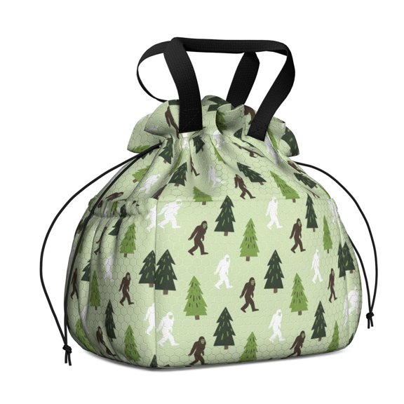 Bigfoot and Yeti Green Pattern Drawstring Insulated Lunch Bag for Women, Stain-Resistant Large Lunch Tote with Multi-Pockets for Work Office