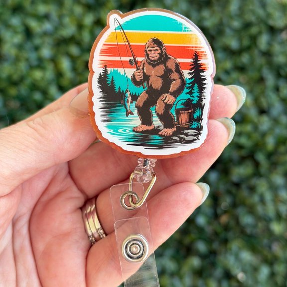 Bigfoot fishing murse nurse badge reel: Sasquatch Yeti teacher ID Holder, healthcare worker gift