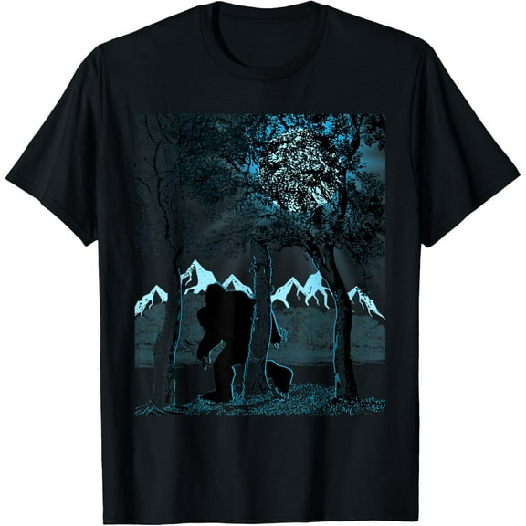 Bigfoot in the Forest Hiding Under the Moon T-Shirt Tops Tee