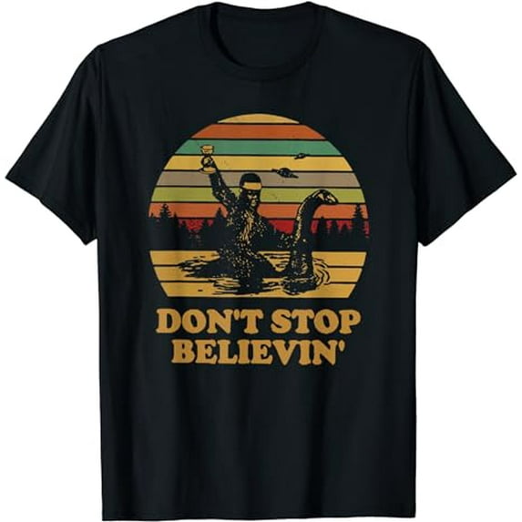 Bigfoot riding Loch Ness Monster don't stop believing vintage T-Shirt