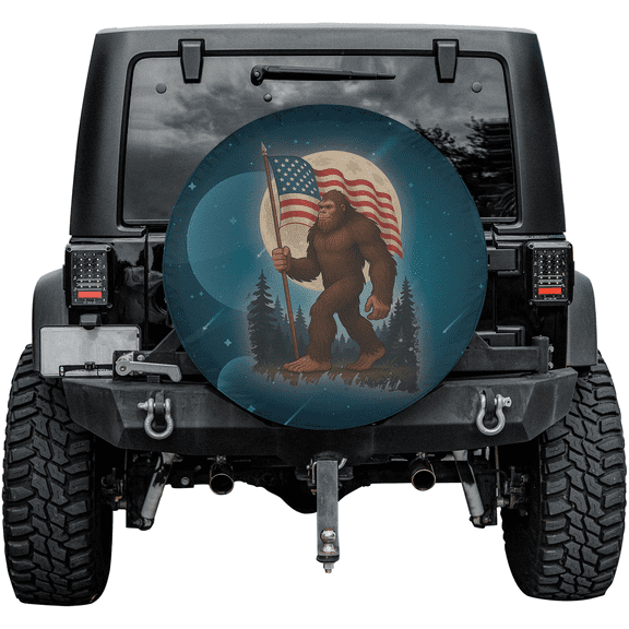 Bigfoot with American Flag Spare Tire Cover - Patriotic Bigfoot Sasquatch Full Moon Design Car Tire Cover