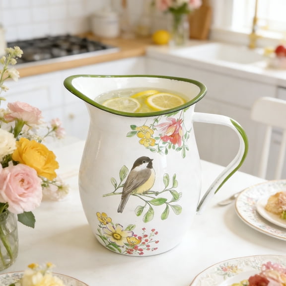 Enamel Pitcher 1.2 Qt, Vintage White Enamelware Water Pitcher Serving Beverage,Tea,Milk,Coffee,Decorative Flower Pitcher Vase for Kitchen Countertop Living Room Tabletop Decor