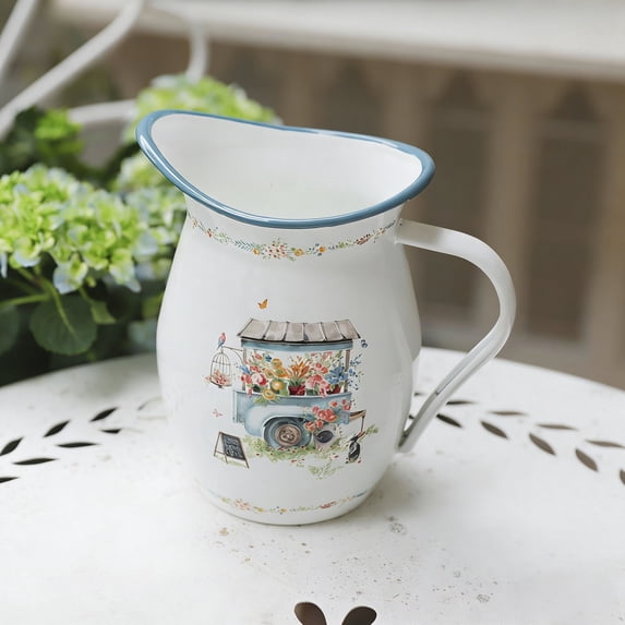 Enamel Pitcher 1.2 Qt, Vintage White Enamelware Water Pitcher Serving Beverage,Tea,Milk,Coffee,Decorative Flower Pitcher Vase for Kitchen Countertop Living Room Tabletop Decor