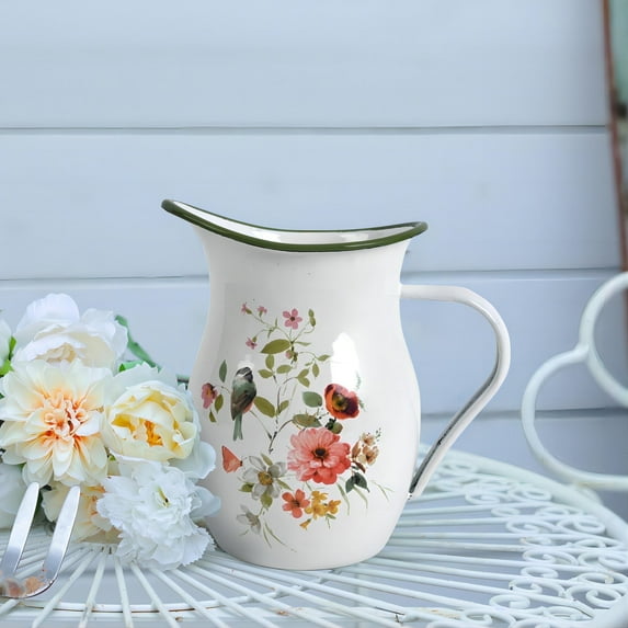 Enamel Pitcher 1.2 Qt, Vintage White Enamelware Water Pitcher Serving Beverage,Tea,Milk,Coffee,Decorative Flower Pitcher Vase for Kitchen Living Room Tabletop Decor