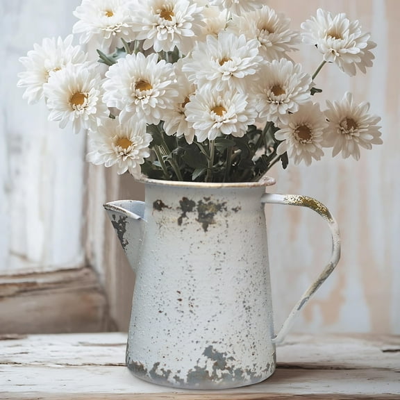 Vinatge Flower Vase for Table Decor,Rustic Metal Pitcher Milk Jug White Vase - Farmhouse Vase Home Decor, Perfect for Fresh/Dried Flowers