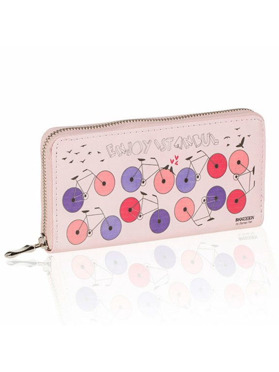 Bicycle Patterned Pink Wallet