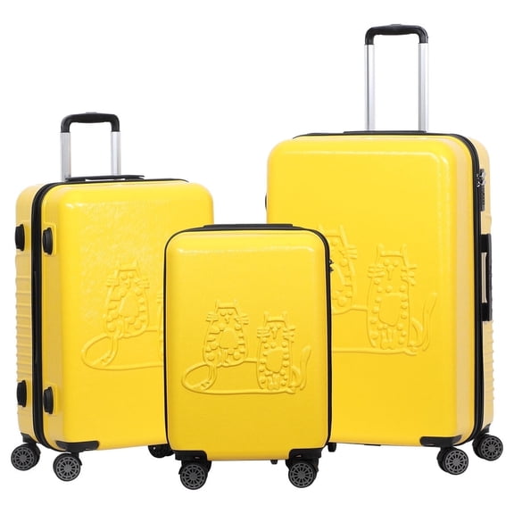 Biggdesign Cats Hard Luggage Set, 3-Piece Lightweight ABS Hardshell with TSA Lock and 360° Spinner Wheels, Yellow