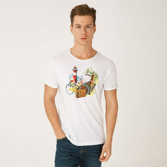 Biggdesign Nature Traveler pattern Printed Men's Bicycle Collar Crew Neck Man T-Shirt Short Sleeve Casual Tshirt Cotton Regular Classic fit Sleeves Comfortable Mens Button Style White Collored